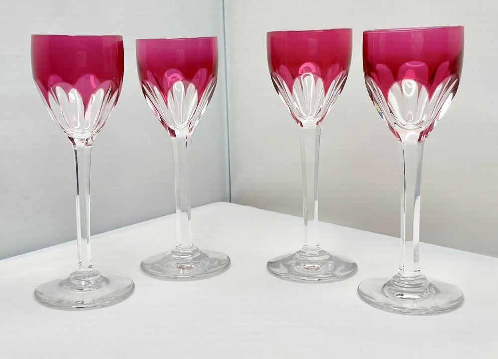 SET 4 BACCARAT GENOVA CUT TO CLEAR CRANBERRY CRYSTAL CORDIAL WINE GLASSES